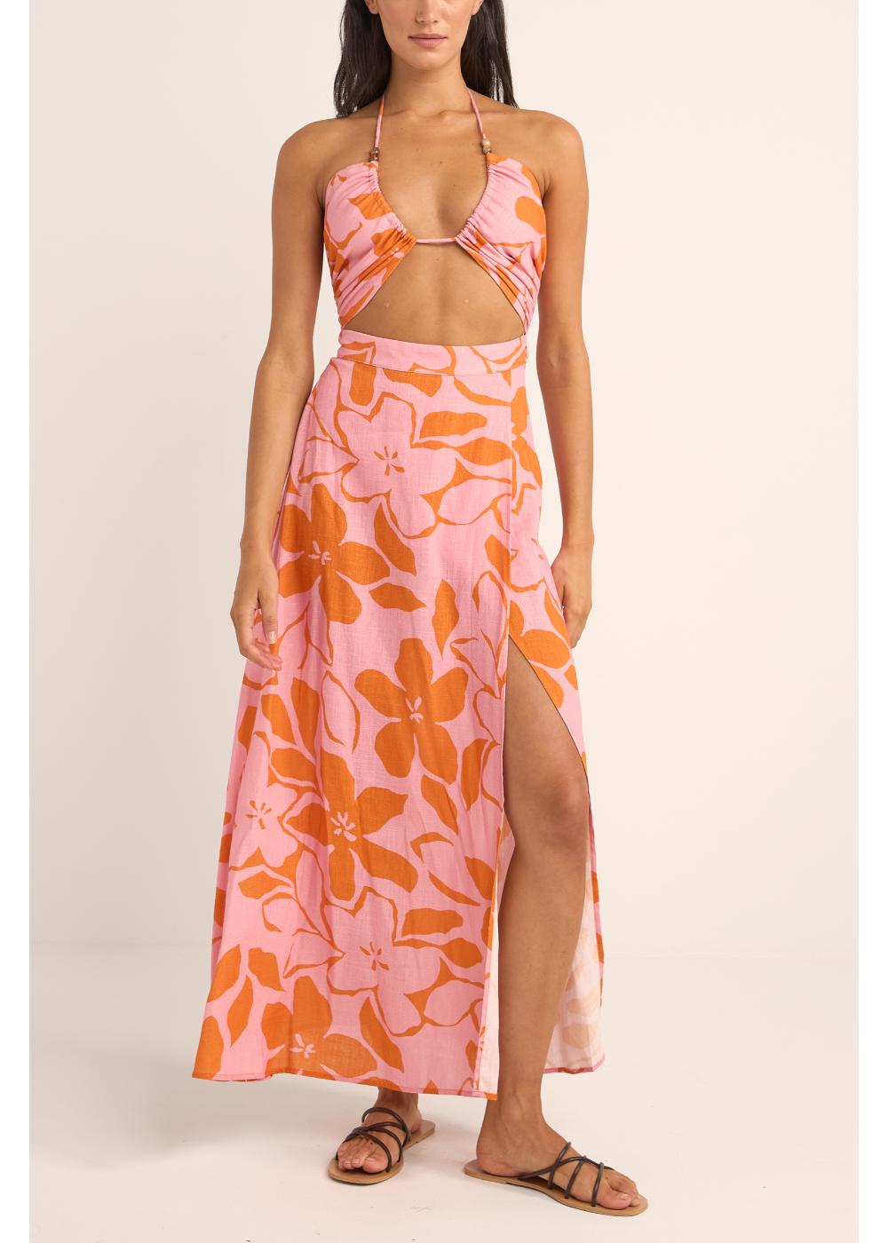 Bora Bora Floral Cut Out Maxi Dress - שמלת קולר מקסי עם שסע