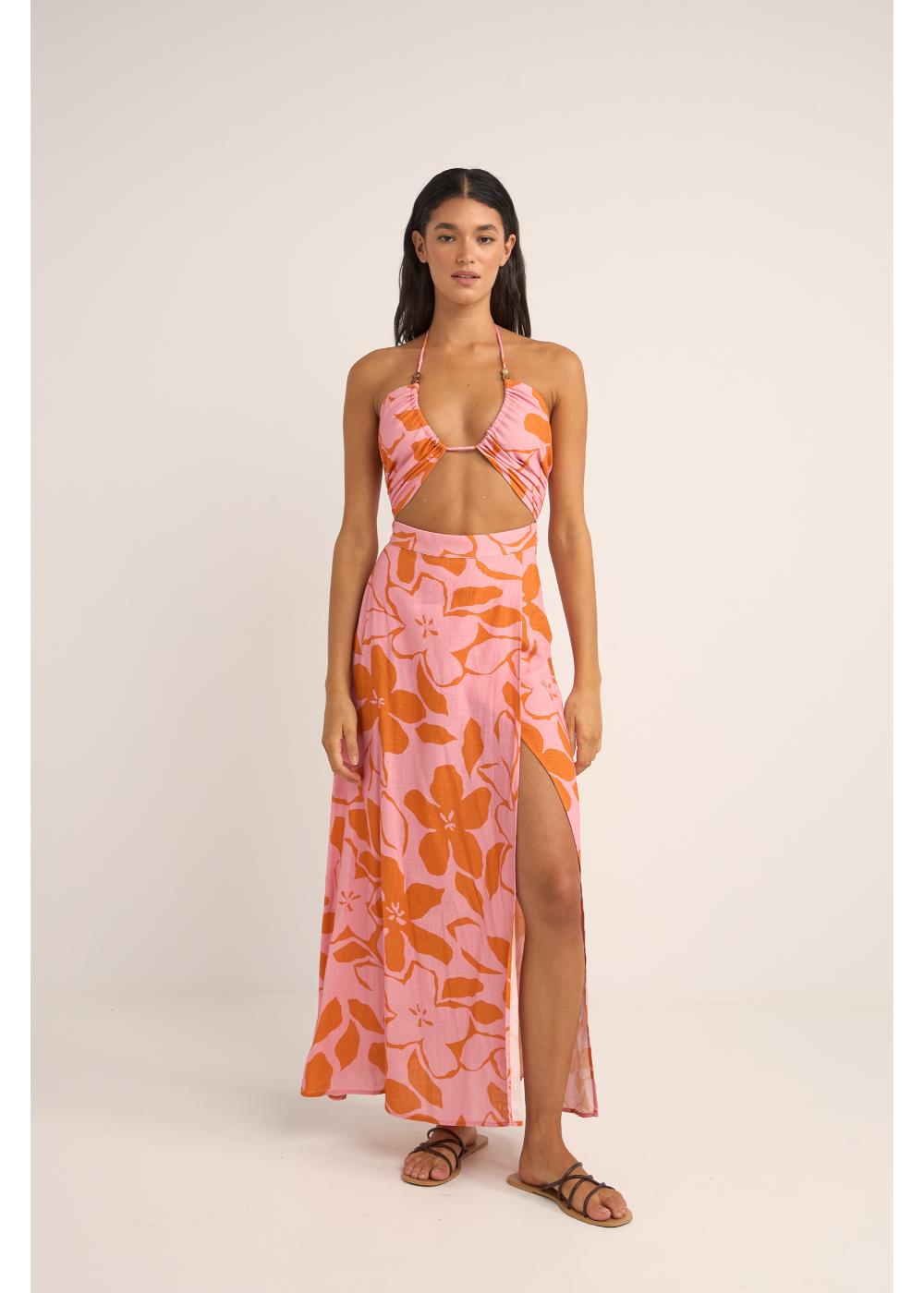 Bora Bora Floral Cut Out Maxi Dress - שמלת קולר מקסי עם שסע