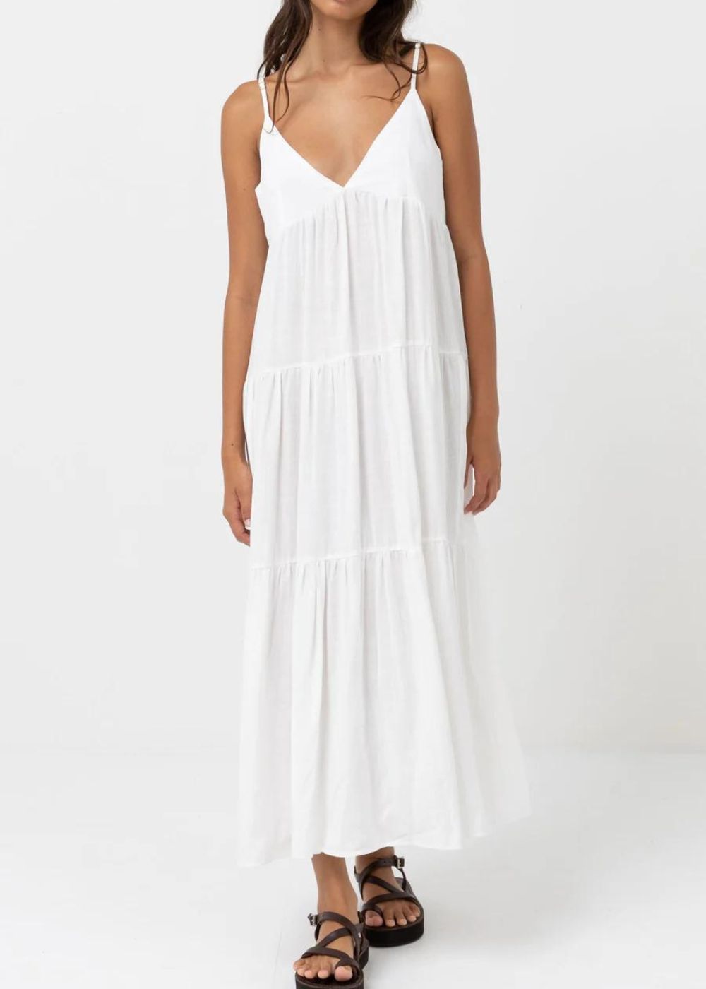 rhythm Classic Tiered Midi Dress - שימלת פשתן מידי צבע_white