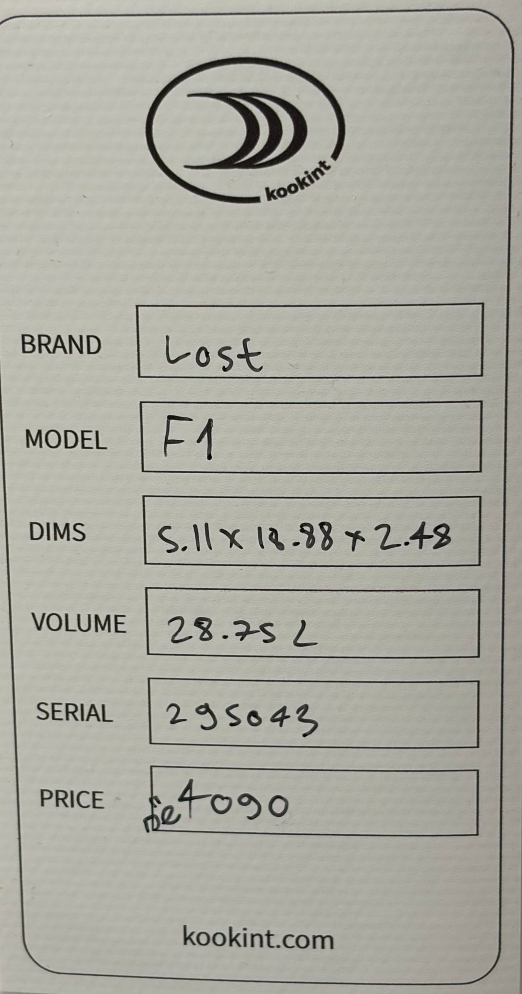 Lost F1 Squash 5.11 SKU card
