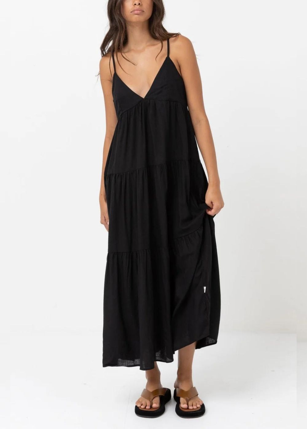 rhythm Classic Tiered Midi Dress - שימלת פשתן מידי צבע_black