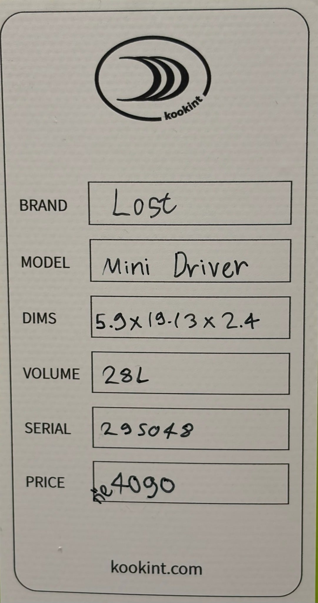 Lost Mini Driver Re-Issue 5.9 SKU card